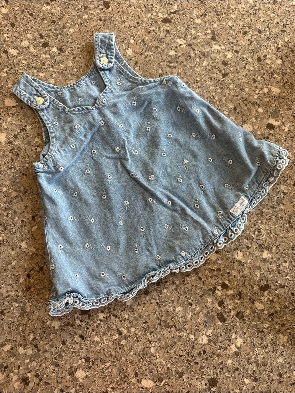 Vintage Guess Kids 18M Denim Pinafore Dress Floral Eyelet Embroidered 90s